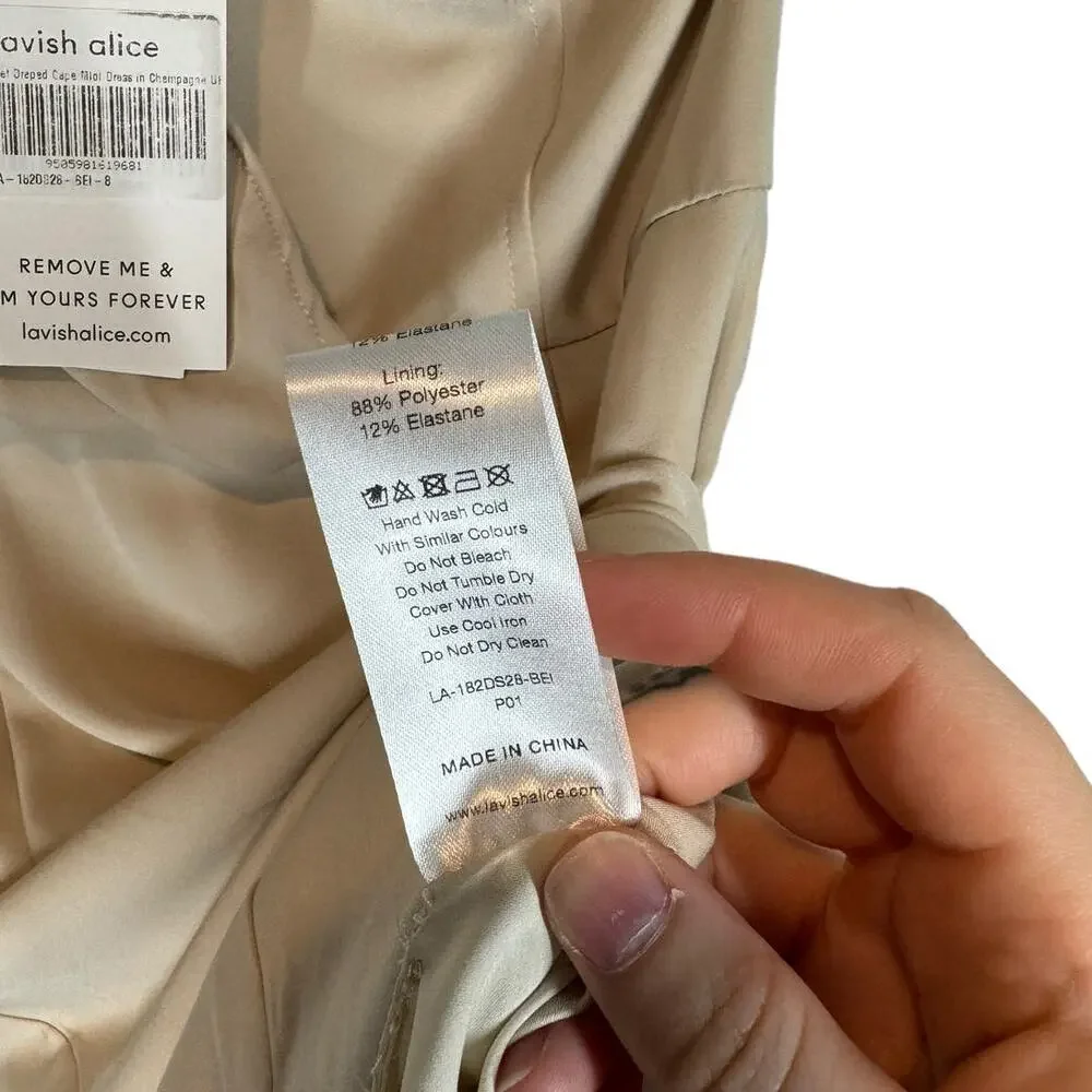 NWT Lavish Alice Corset Draped Cape Midi Dress Champagne Beige‎ Cream 4